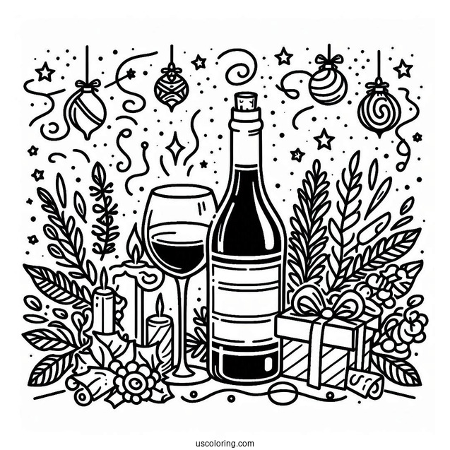 New Year Coloring Page Of Wine Bottle And Glasses