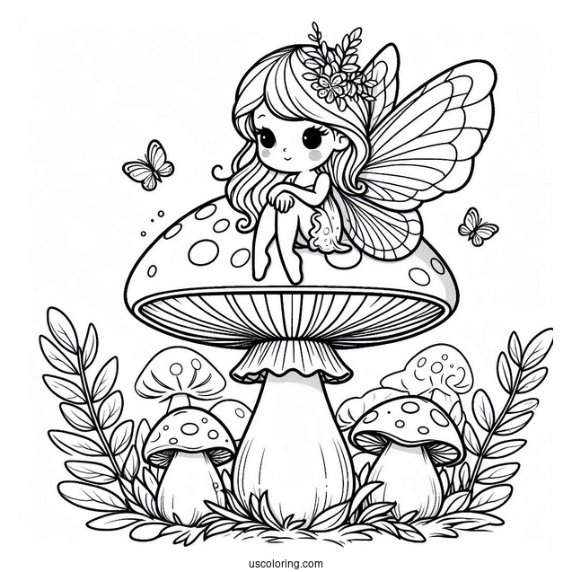 Pretty Fairy Sitting On A Mushroom Coloring Page