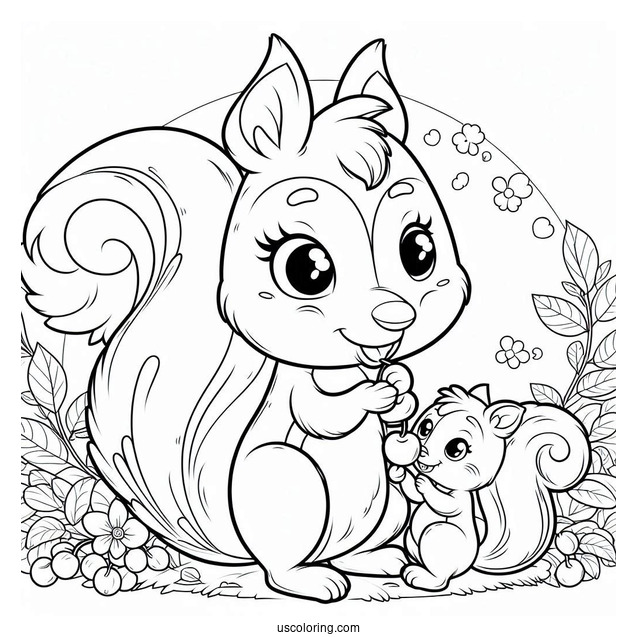Mother And Son Cartoon Squirrel Coloring Page Eating Cherrie