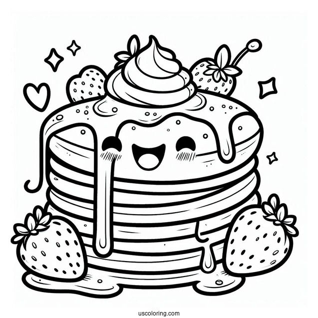 Cartoon Pancake Coloring Page With Overflowing Syrup And Strawberries For Kids