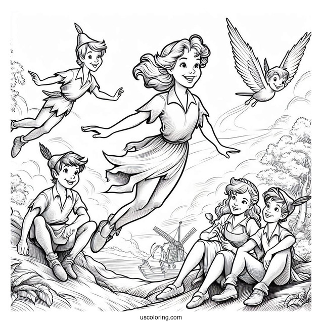 Peter Pan Teaching Wendy, John, And Michael To Fly