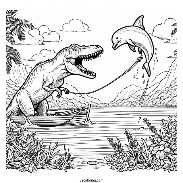 Spinosaurus Coloring Page Catching A River Dolphin