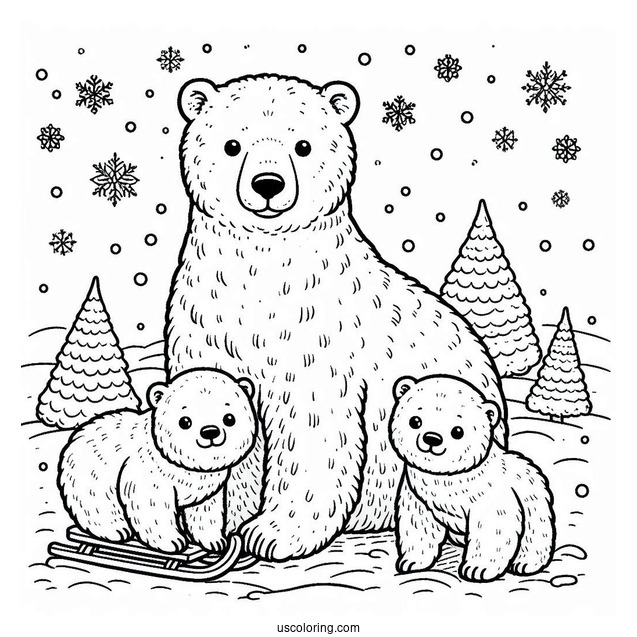 Polar Bear With Cubs On Snowy Day