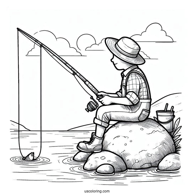 Easy Man Sitting On Rock Fishing Coloring Page