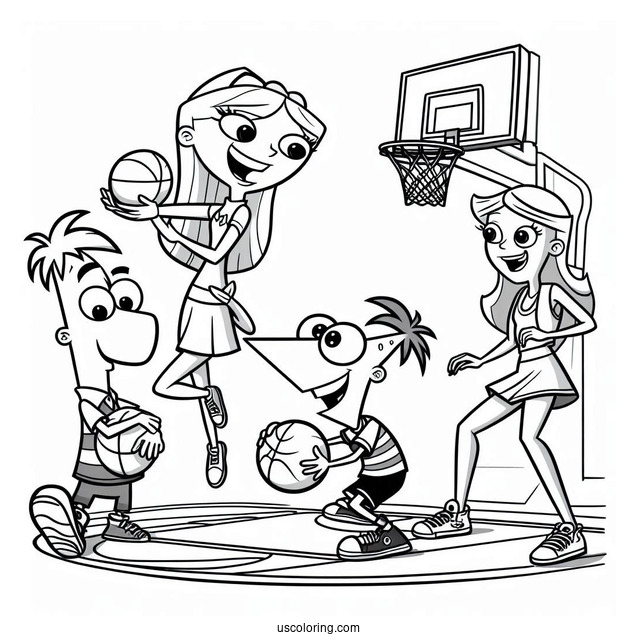 Phineas And Ferb Coloring Page Playing Basketball With Buford, Isabella, Baljeet, Candace, And Perry