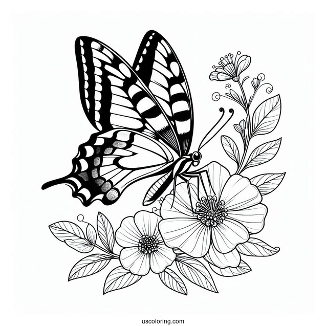 Swallowtail Butterfly Coloring Page Perched On Flowers And Leaves
