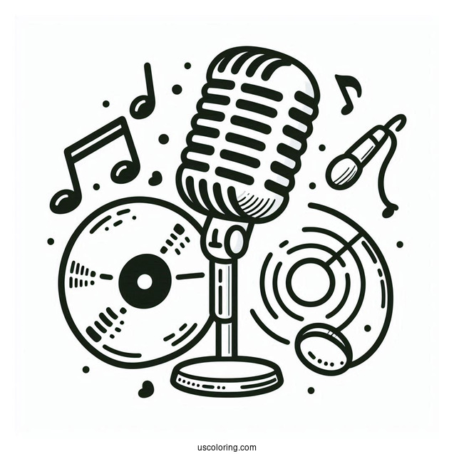 Music Coloring Page Of Retro Microphone, CD, And Musical Note For Preschoolers