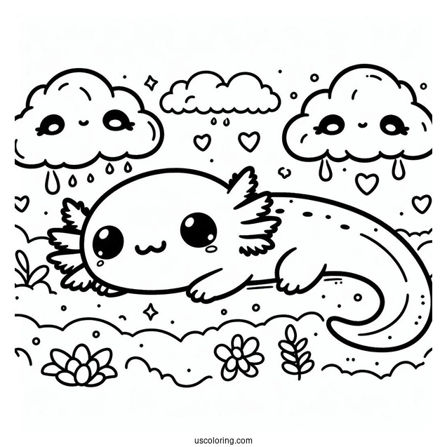 Kawaii Baby Axolotl Coloring Page In The Clouds For Kids