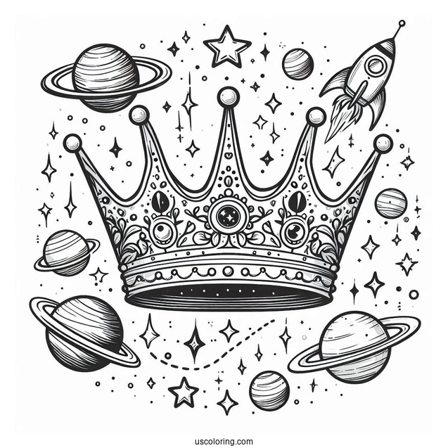 Galactic Crown Coloring Page with Planets, Stars, and Rocket Launch