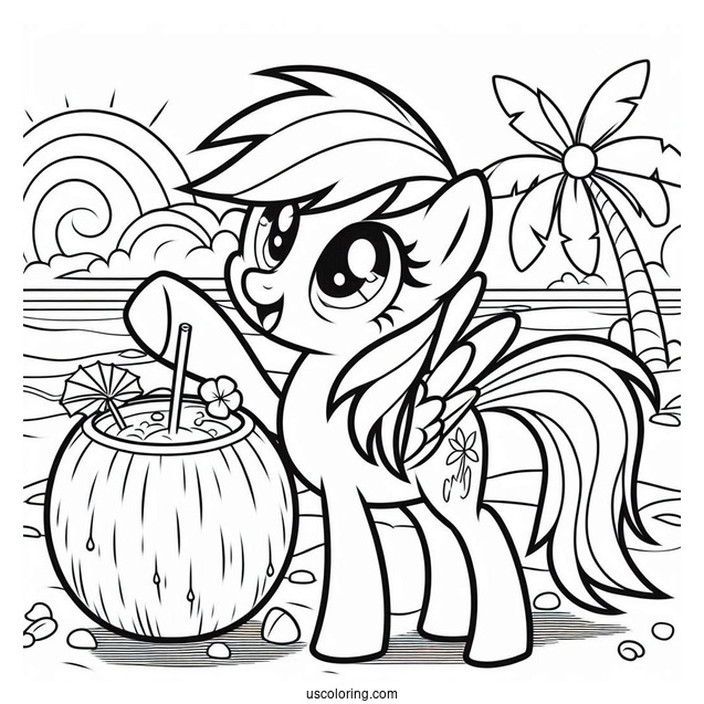 Rainbow Dash Coloring Page Holding Up Coconut Drink At The Beach