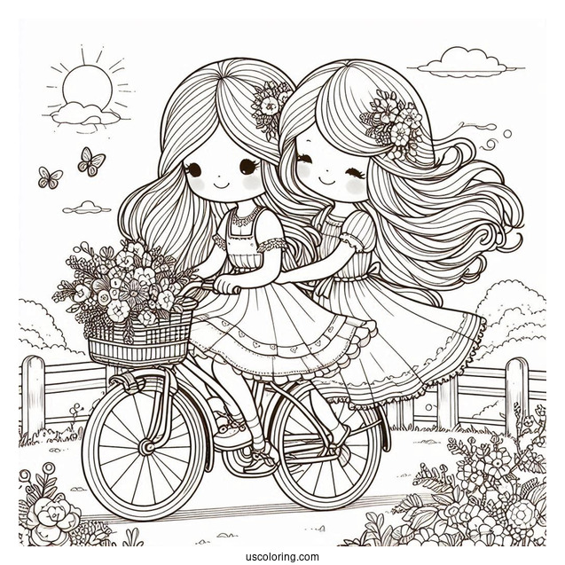 Precious Moments Coloring Page Of Two Girls Riding Bicycle