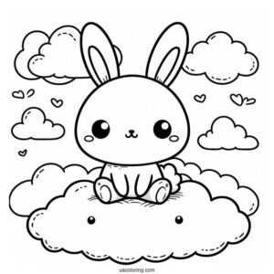 Kawaii Rabbit Coloring Page Sitting On The Clouds