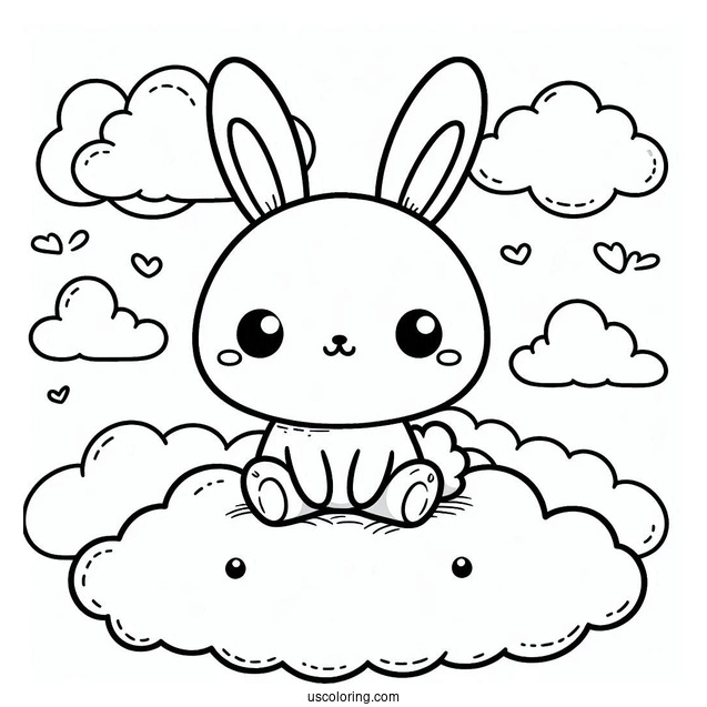 Kawaii Rabbit Coloring Page Sitting On The Clouds