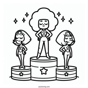 Cute Steven Universe Coloring Page On Podium With Garnet, Pearl, And Amethyst For Kids