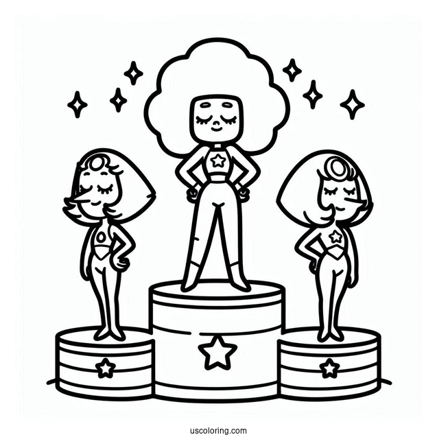 Cute Steven Universe Coloring Page On Podium With Garnet, Pearl, And Amethyst For Kids