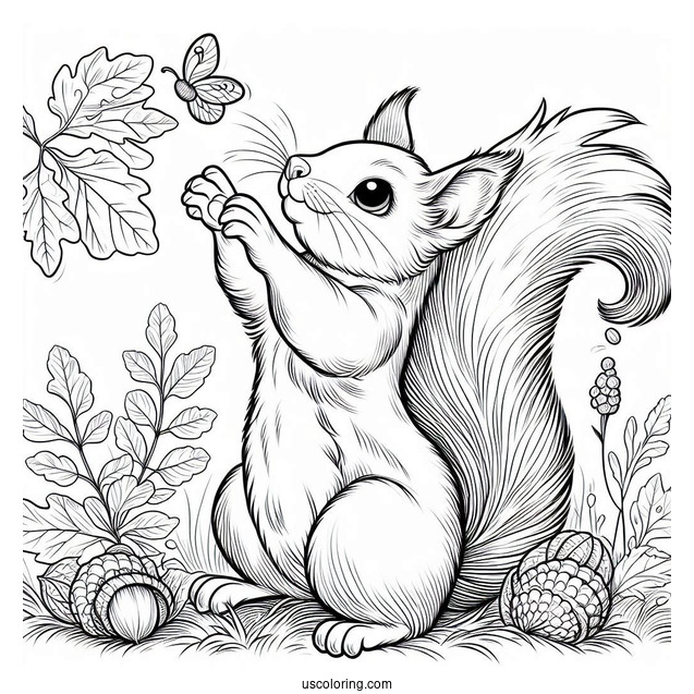 Squirrel Coloring Page Reaching Up For Nuts In Autumn