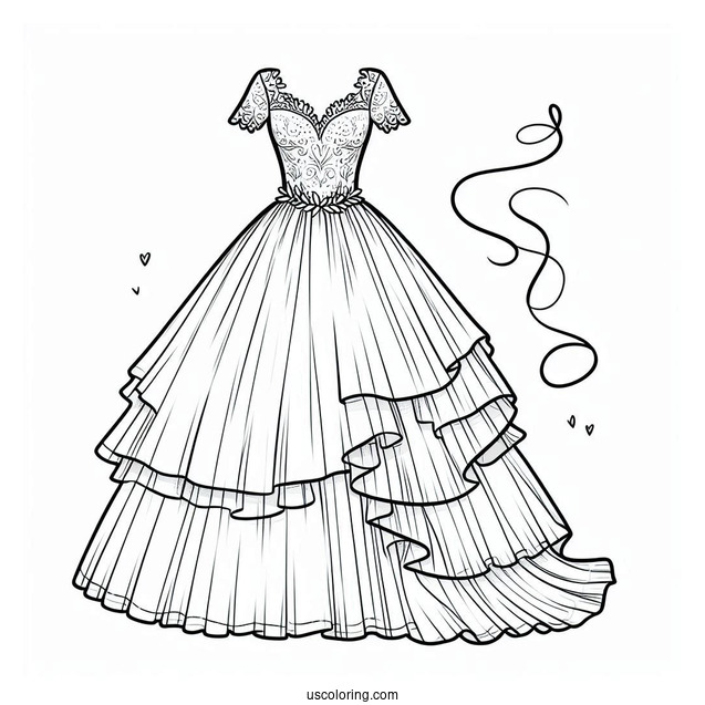 Wedding Dress Coloring Page With Short Sleeves And Tiered Tulle Tail