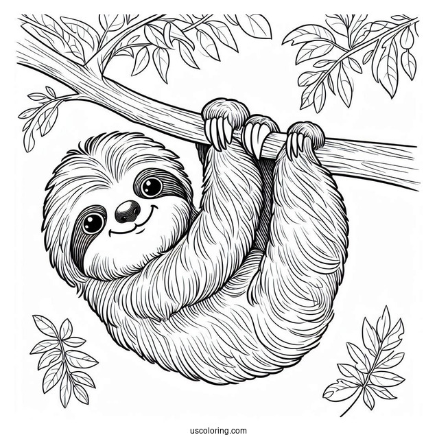 Baby Sloth Hanging From Tree Coloring Sheet
