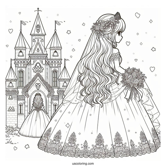 Princess Coloring Page In Wedding Dress In Front Of Castle