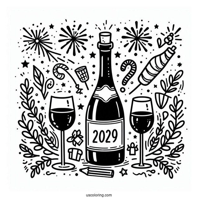 New Year Coloring Page Of Wine Bottle And Glasses
