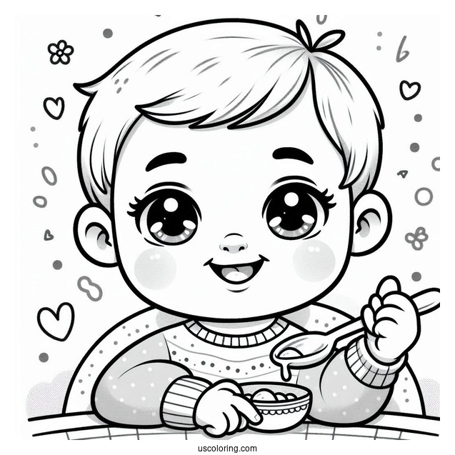 Baby Coloring Page Of Grinning Toddler Holding A Spoon