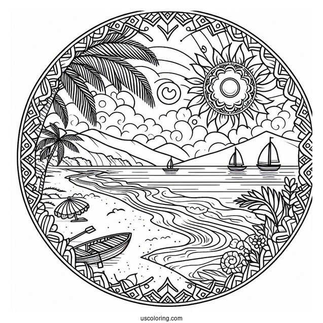 Summer Coloring Page Of Beach Landscape Mandala