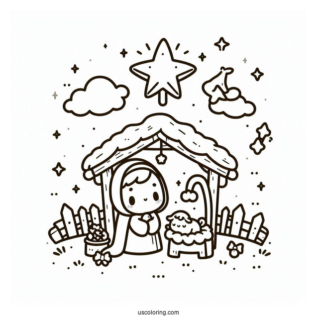 Nativity Coloring Page Of Cute Chibi Nativity With Star And Manger For Preschoolers