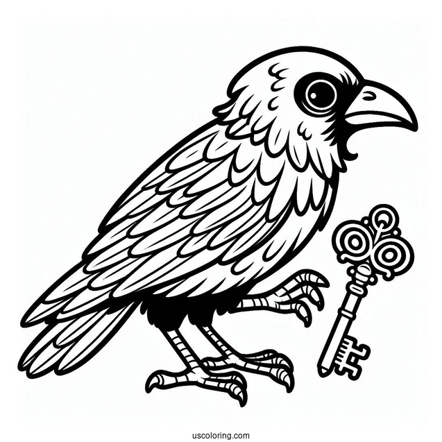 Easy Raven Coloring Page Carrying A Shiny Key For Kids