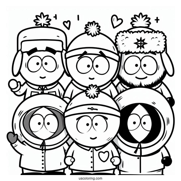 Eric, Kyle, Stan, And Kenny Waving South Park Coloring Page