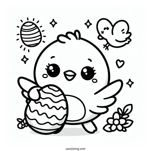 Easter Coloring Page Of Kawaii Chick Holding Easter Egg For Preschoolers