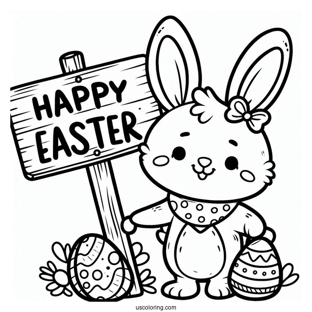 Easter Coloring Page Of Smiling Bunny Holding Happy Easter Sign For Kids
