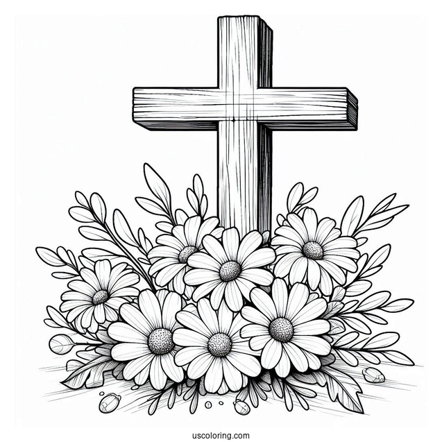 Daises Over A Wooden Cross Coloring Page In Nature For Kids