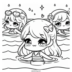 Kawaii Chibi Kids Swimming Coloring Page In The Pool For Kids