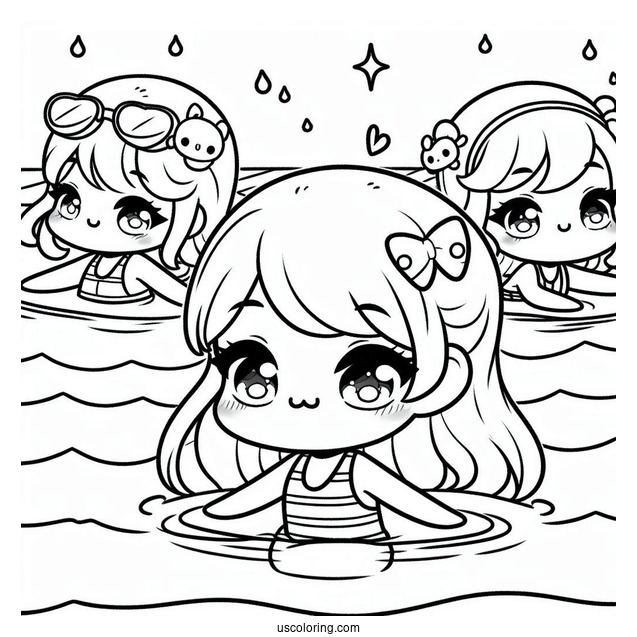 Kawaii Chibi Kids Swimming Coloring Page In The Pool For Kids