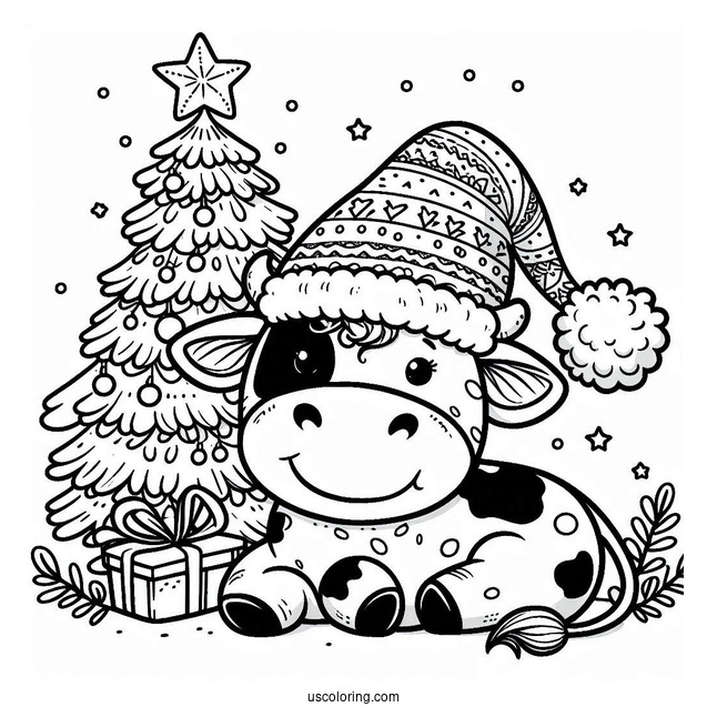 Christmas Themed Cow Coloring Page
