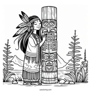 Cartoon Native American Coloring Page Women Beside Totem Pole