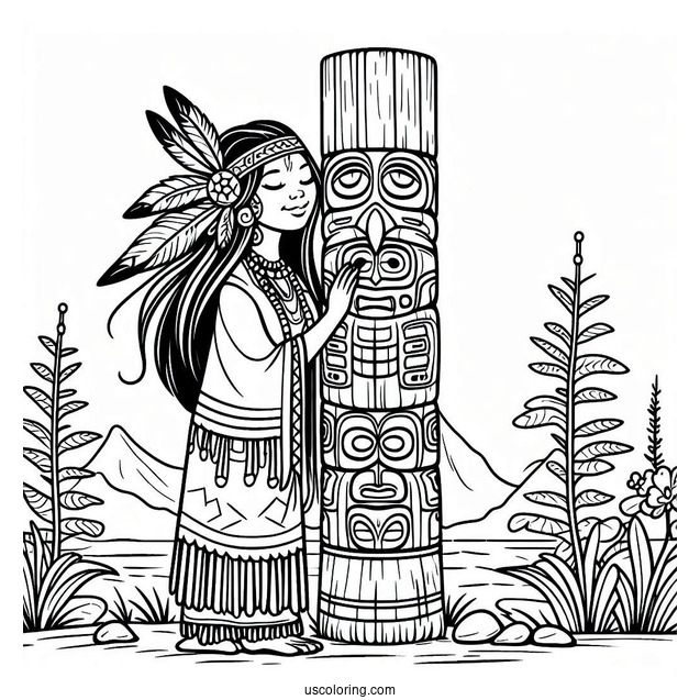 Cartoon Native American Coloring Page Women Beside Totem Pole