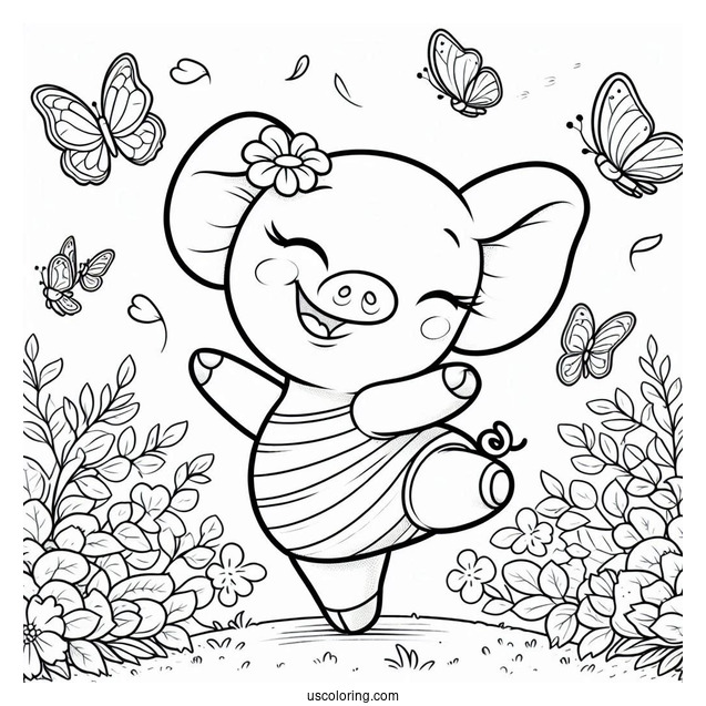 Happy Piglet Coloring Page Dancing In The Garden With Butterflies