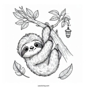 Baby Sloth Hanging From Tree Coloring Sheet