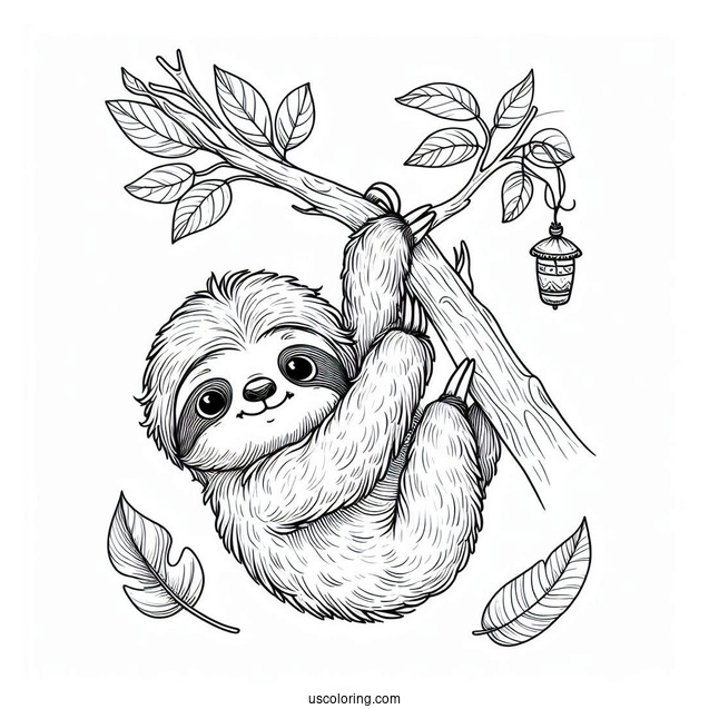 Baby Sloth Hanging From Tree Coloring Sheet