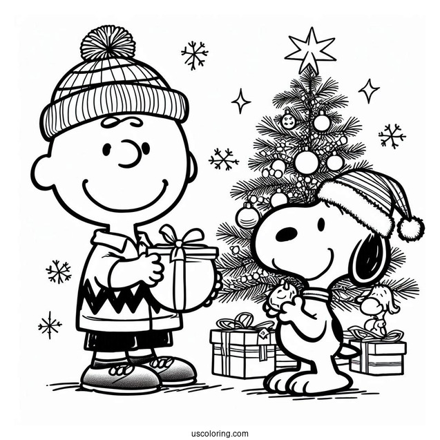 Charlie Brown And Snoopy With Christmas Tree To Color