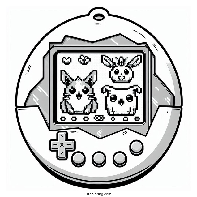 Realistic Tamagotchi Coloring Page Console With Pixelized Pets On The Screen