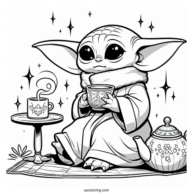 Baby Yoda Drinking Tea To Color
