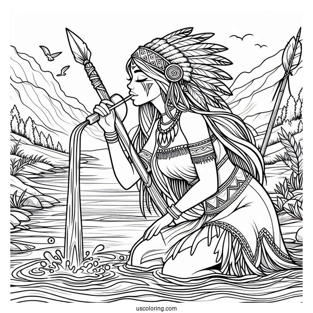 Native American Coloring Page Woman Holding Spear While Drinking From River