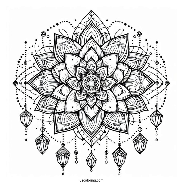Lotus Flower Mandala Coloring Page With Hanging Crystals