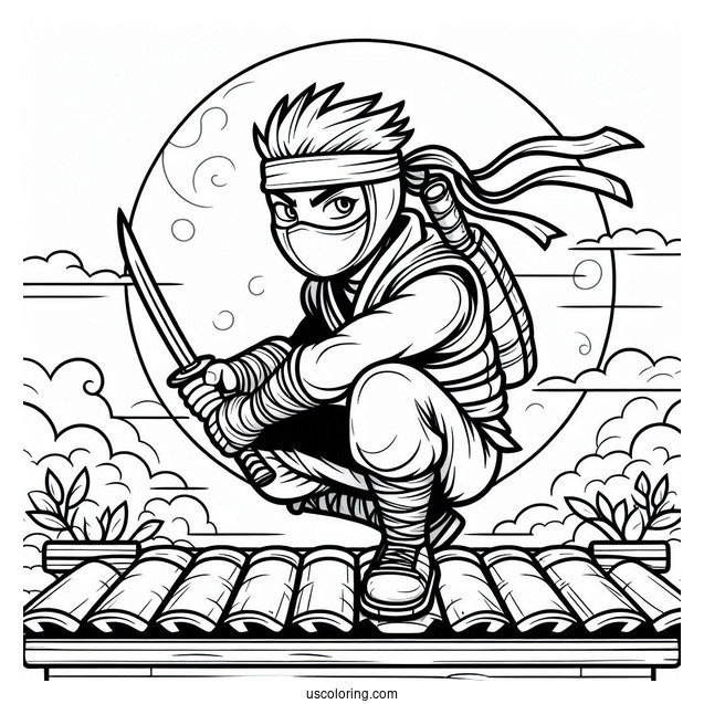 Ninja Crouched On A Roof Coloring Sheet
