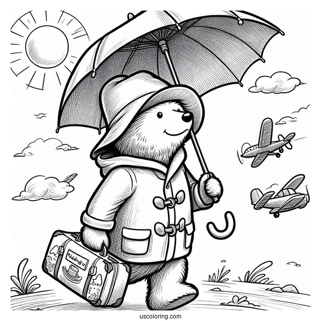 Paddington Coloring Page Flying In The Sky With His Umbrella And Suitcase
