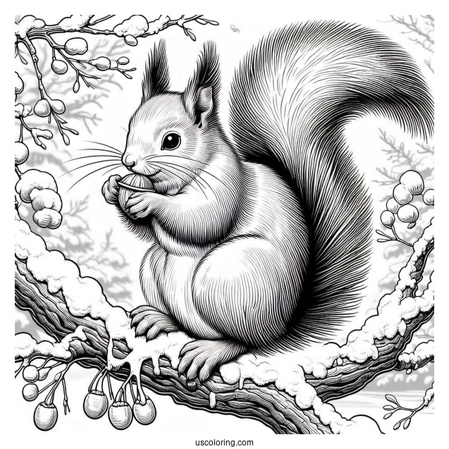 Realistic Squirrel Coloring Page Eating Nut On Snow Covered Branch