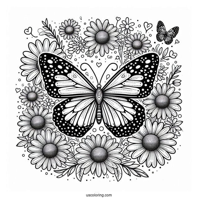 Butterfly Coloring Page Surrounding A Bunch Of Daisies