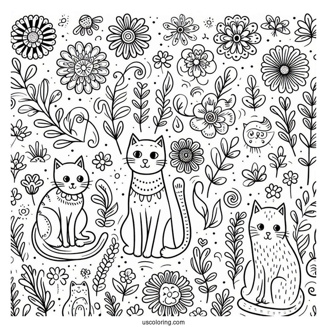 Cats And Flowers Pattern Coloring Page